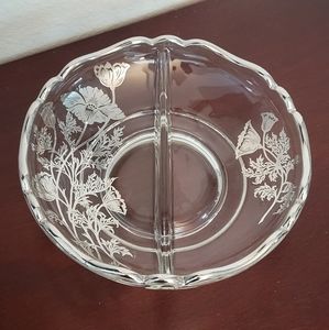 1940's Silver City Glass Vintage 2 section divided dish with silver floral poppy